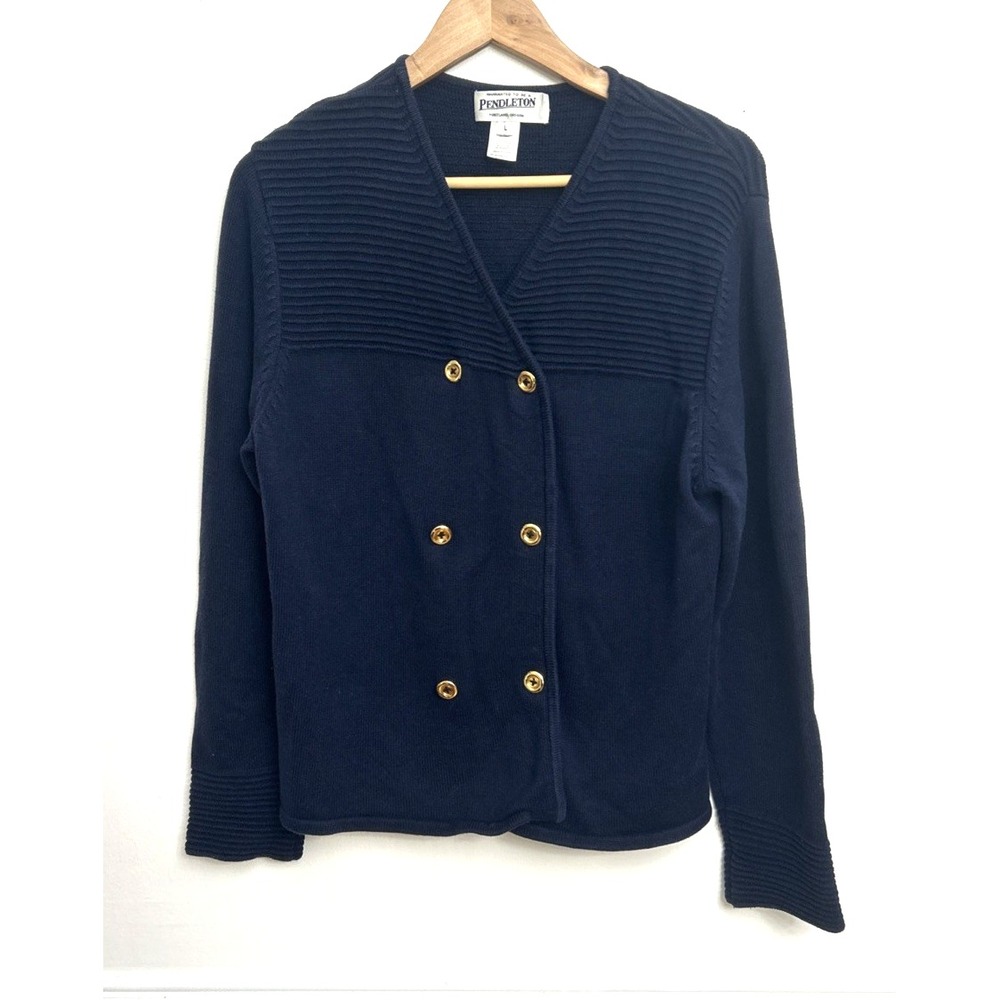 Pendleton Double Breasted Cardigan Sweater Sz L Navy Blue Silk Blend Gold Button